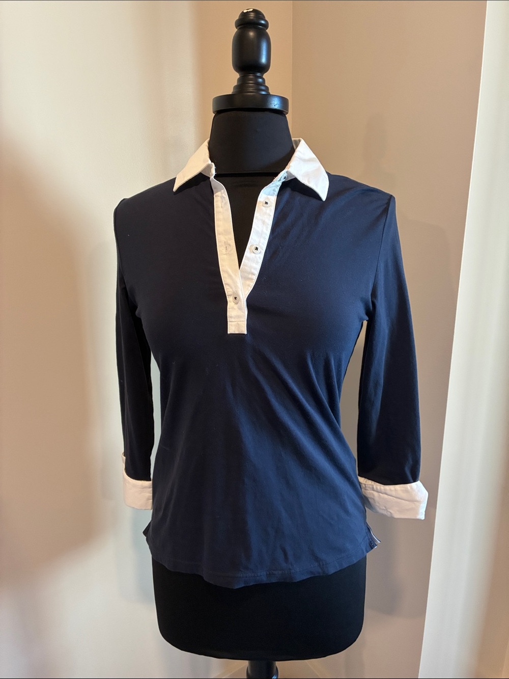 Brooks Brothers Navy Button-Front Polo with White Collar